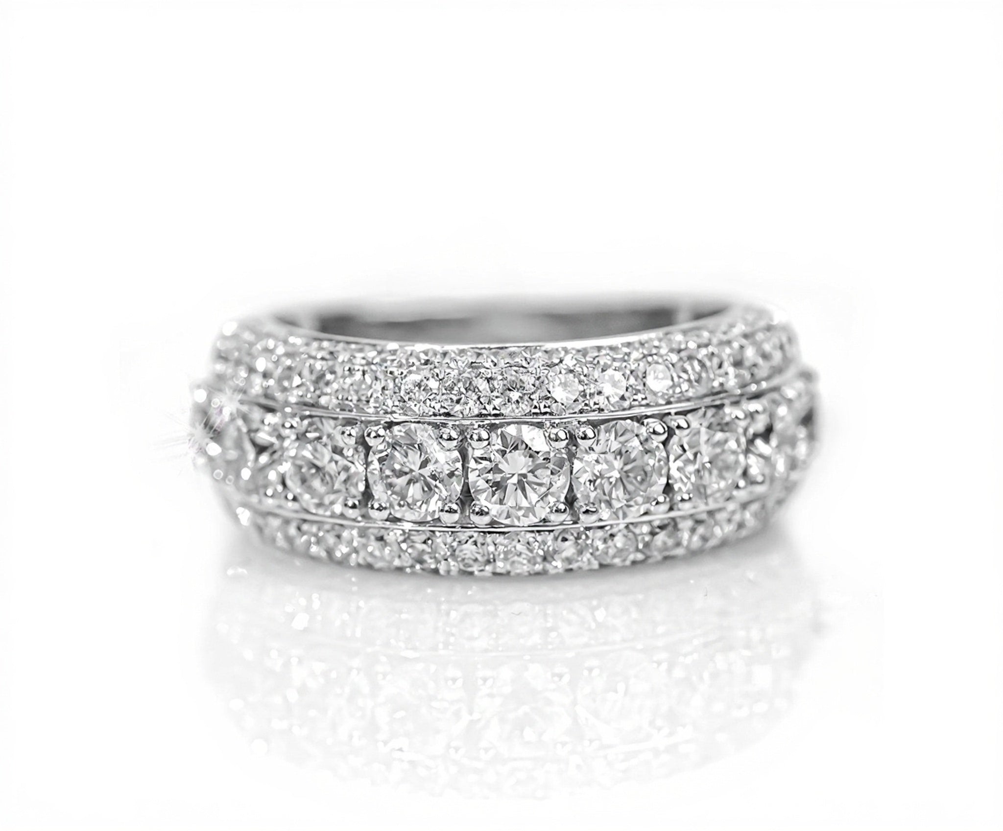 10k White Gold Three-Row Round Diamond Ring 4.40ct - Mr. Alex Jewelry