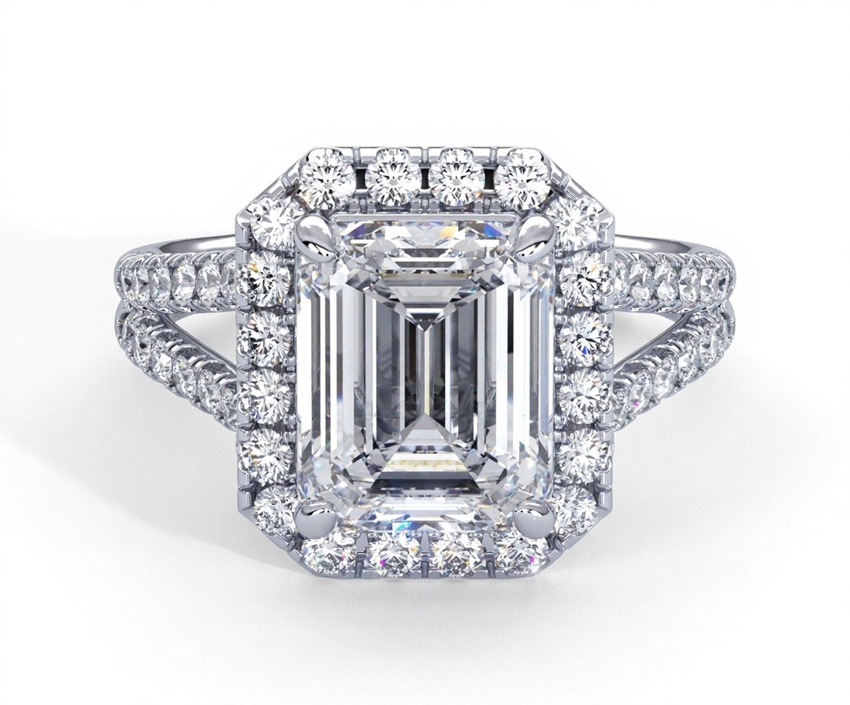 2 Carat Emerald Cut French Cut Halo Split Shank Engagement Ring - Mr. Alex Jewelry