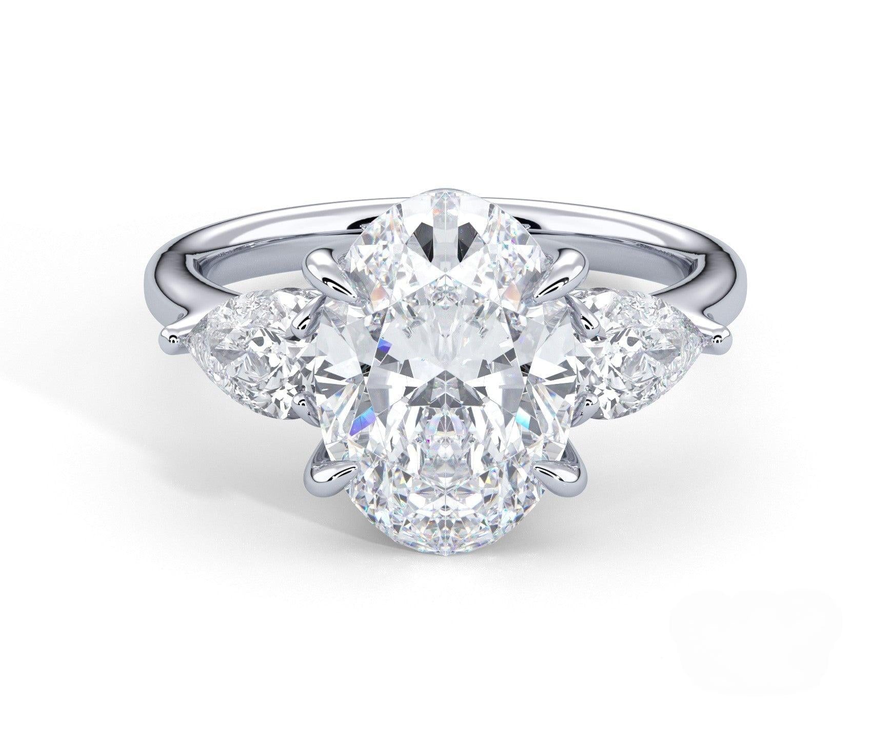 2 Carat Oval Cut Three Stone Engagement Ring with Pear Side Diamonds - Mr. Alex Jewelry