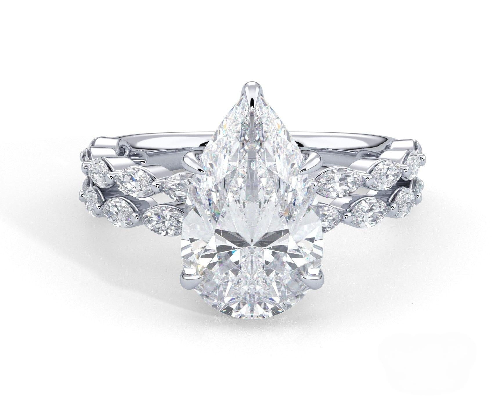 2 Carat Pear Cut Split Shank Marquise Diamond Accents Engagement Ring - Mr. Alex Jewelry