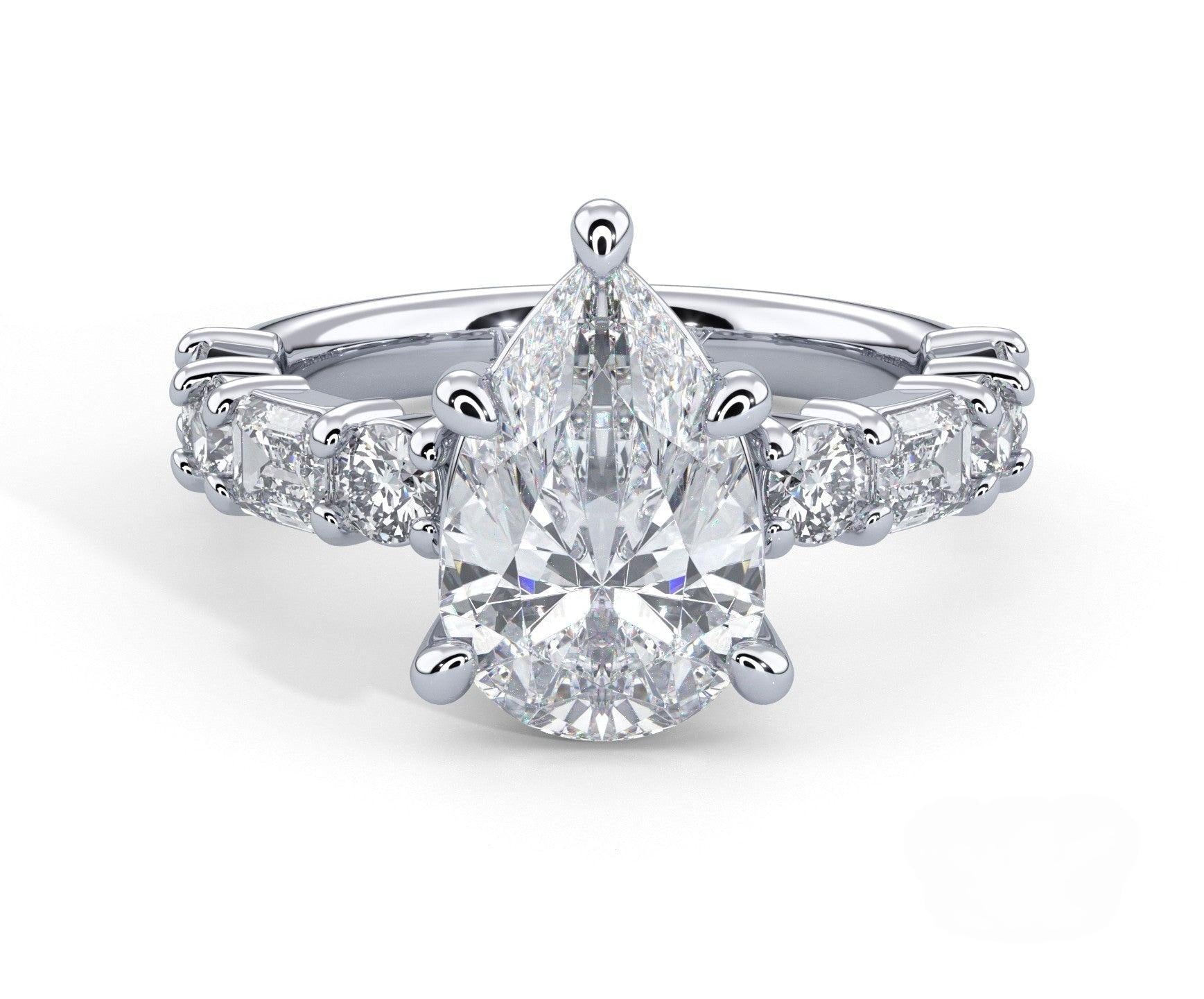 2 Carat Pear Cut Straight Shank Alternating Round & Emerald - Mr. Alex Jewelry