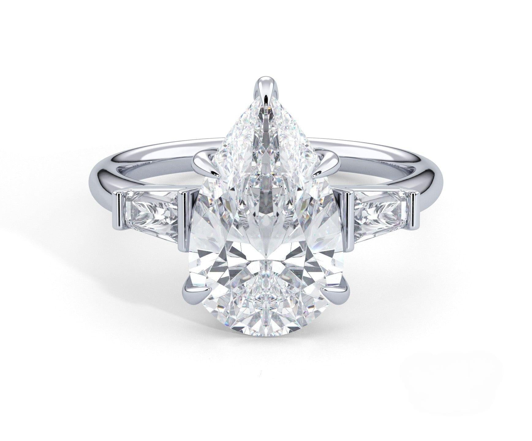 2 Carat Pear Cut Tapered Baguette Three Stone Engagement Ring - Mr. Alex Jewelry