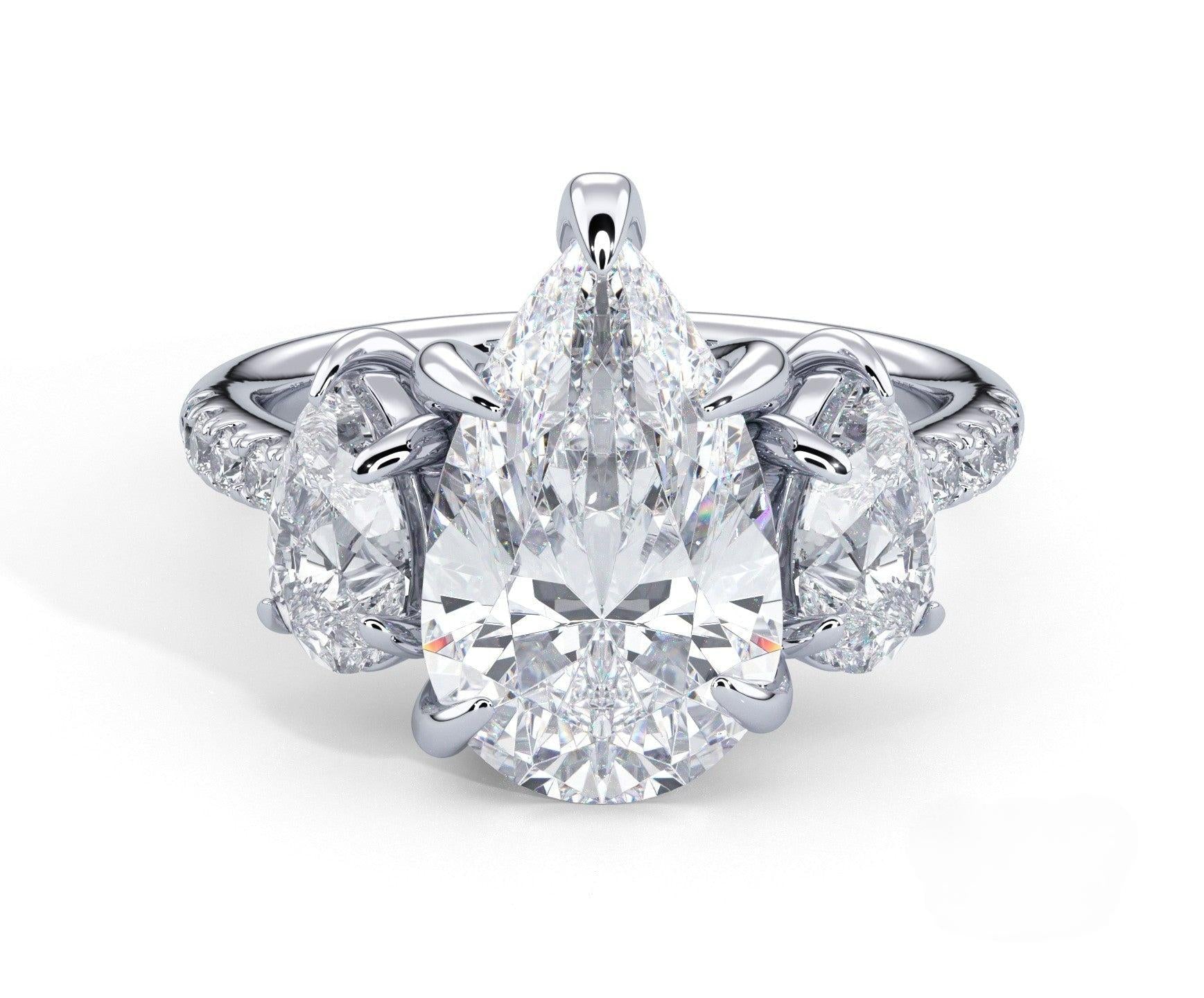 2 Carat Pear Cut Three Stone Engagement Ring with Pear Side Diamond - Mr. Alex Jewelry
