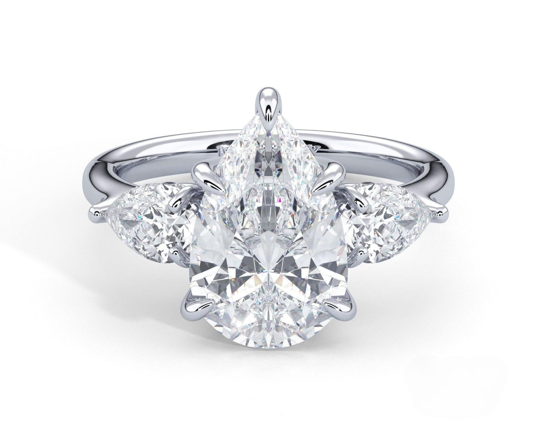 2 Carat Pear Cut Three Stone Engagement Ring with Pear Side Diamonds - Mr. Alex Jewelry