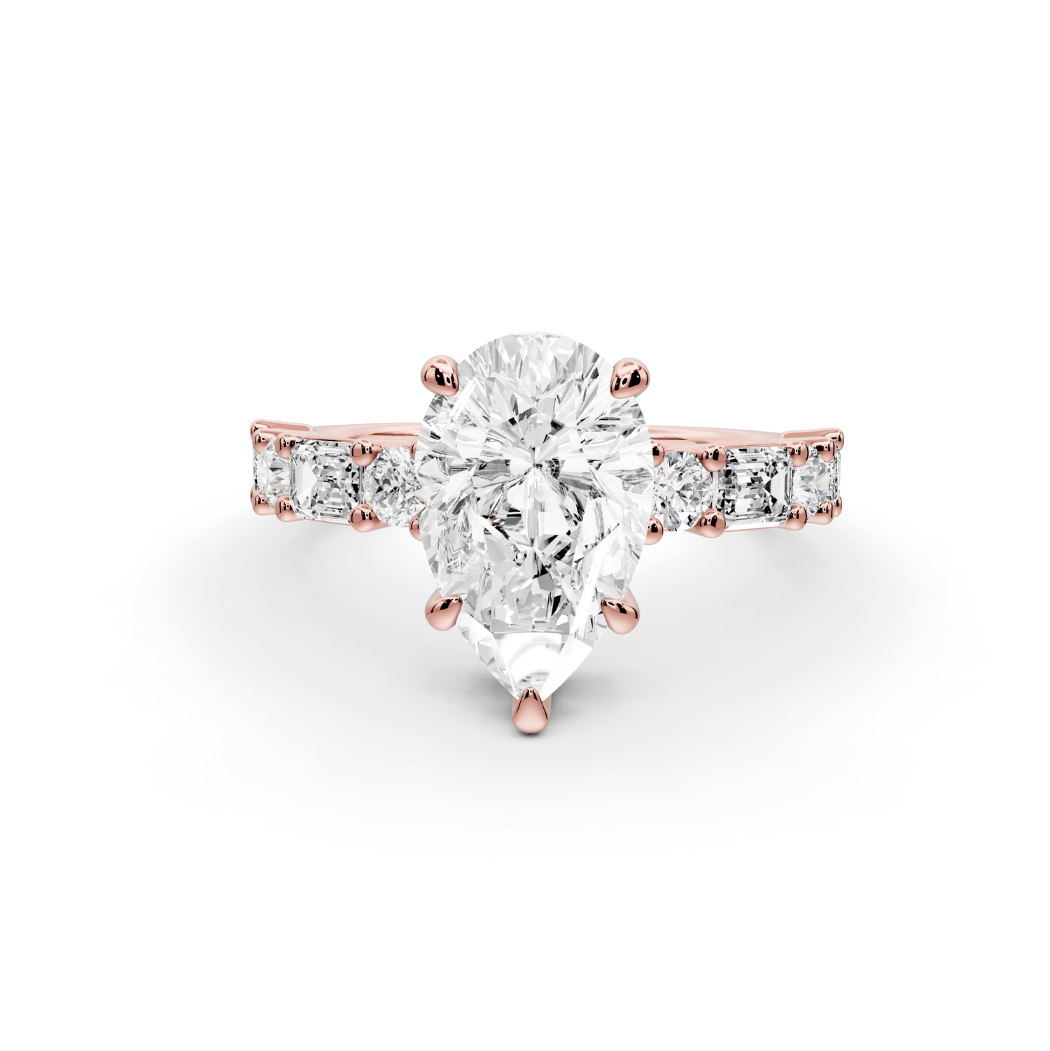 Juliette - 2ct 14k rose gold pear with Alternating Round and Emerald 8-Stone Band Engagement Ring