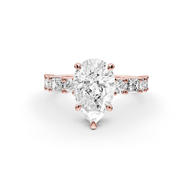 Juliette - 2ct 14k rose gold pear with Alternating Round and Emerald 8-Stone Band Engagement Ring