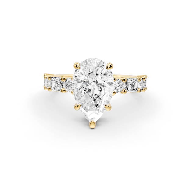 Juliette - 2ct 14k yellow gold pear with Alternating Round and Emerald 8-Stone Band Engagement Ring