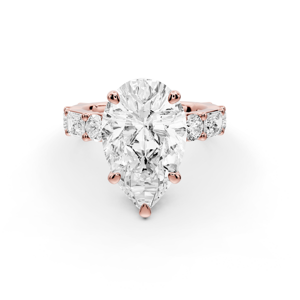 Juliette - 4ct 14k rose gold pear with Alternating Round and Emerald 8-Stone Band Engagement Ring