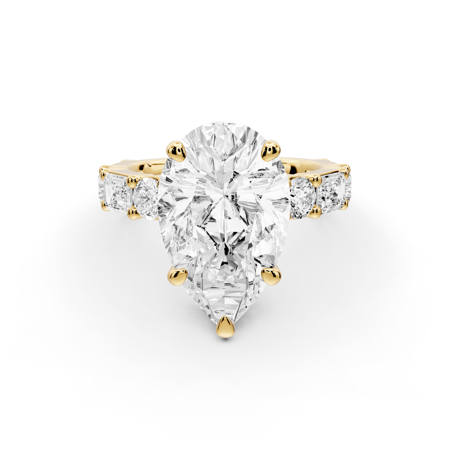 Juliette - 4ct 14k yellow gold pear with Alternating Round and Emerald 8-Stone Band Engagement Ring
