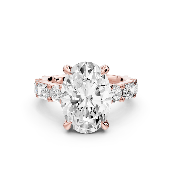 Juliette - 5ct 14k rose gold oval with Alternating Round and Emerald 8-Stone Band Engagement Ring
