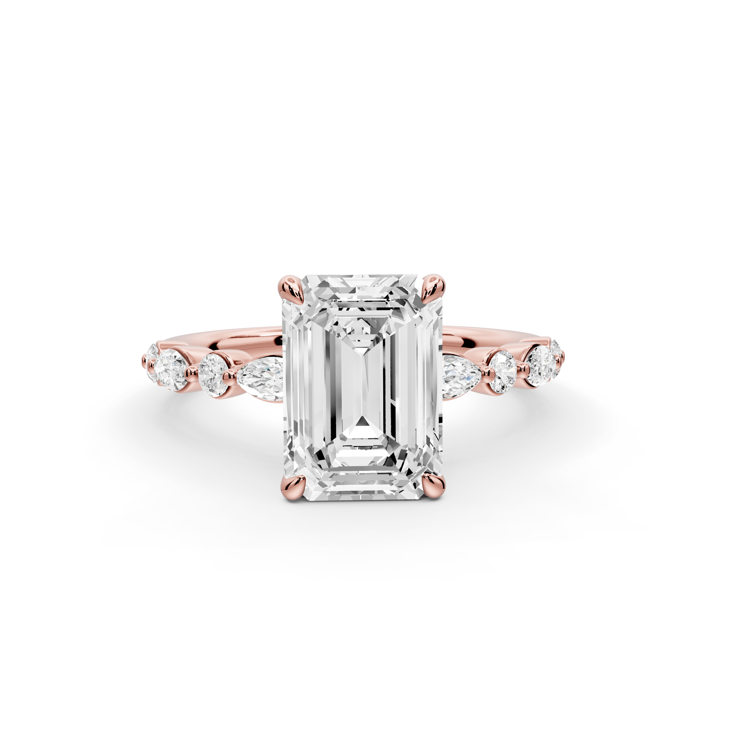 Amalia - 2ct 14k rose gold emerald Round Diamond with Alternating 8-Stone Marquise and Round Diamond Band Engagement Ring