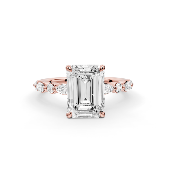 Amalia - 2ct 14k rose gold emerald Round Diamond with Alternating 8-Stone Marquise and Round Diamond Band Engagement Ring