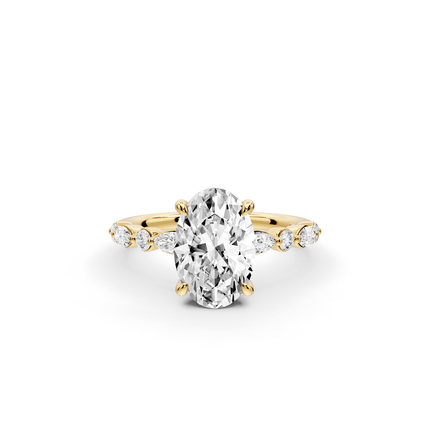 Amalia - 2ct 14k yellow gold oval Round Diamond with Alternating 8-Stone Marquise and Round Diamond Band Engagement Ring