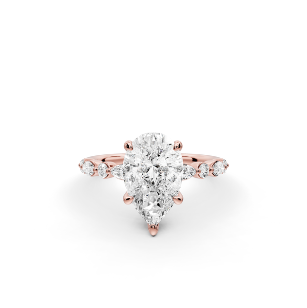 Amalia - 2ct 14k rose gold pear Round Diamond with Alternating 8-Stone Marquise and Round Diamond Band Engagement Ring