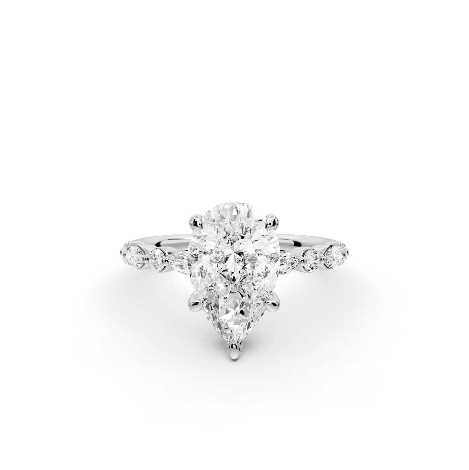 Amalia - 2ct 14k white gold pear Round Diamond with Alternating 8-Stone Marquise and Round Diamond Band Engagement Ring