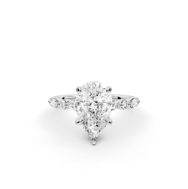Amalia - 2ct 14k white gold pear Round Diamond with Alternating 8-Stone Marquise and Round Diamond Band Engagement Ring