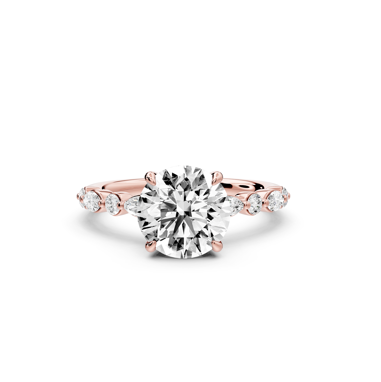 Amalia - 2ct 14k rose gold round Round Diamond with Alternating 8-Stone Marquise and Round Diamond Band Engagement Ring