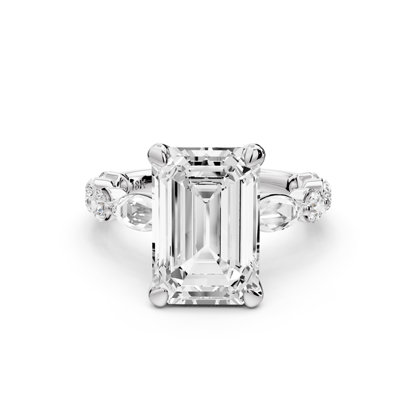 Amalia - 3ct 14k white gold emerald Round Diamond with Alternating 8-Stone Marquise and Round Diamond Band Engagement Ring
