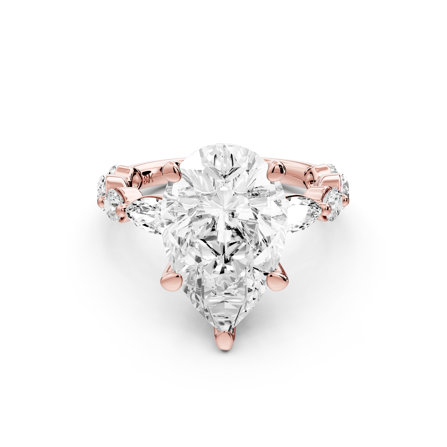 Amalia - 4ct 18k rose gold pear Round Diamond with Alternating 8-Stone Marquise and Round Diamond Band Engagement Ring