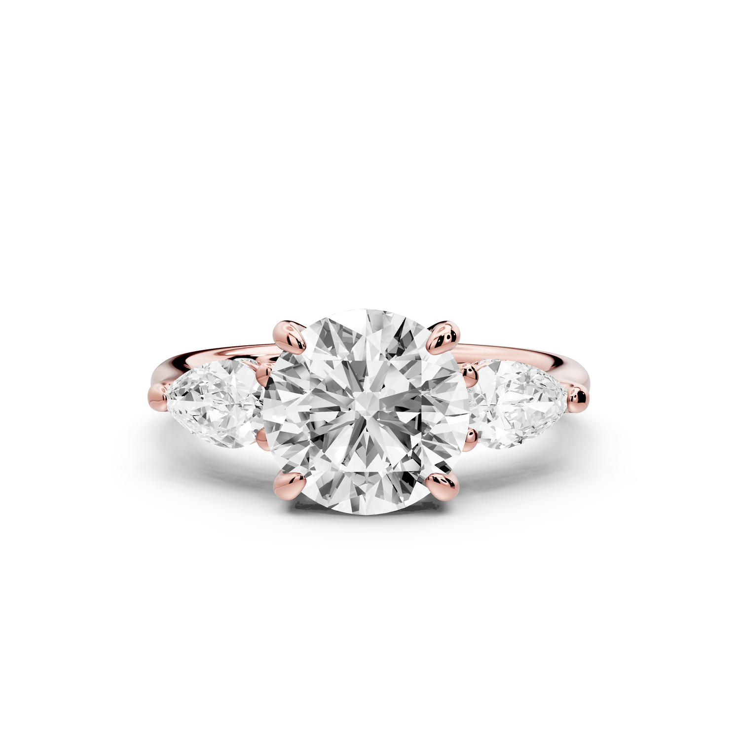 Stella - 2ct 14k rose gold Three Stone round with pears Hidden Halo Engagement Ring