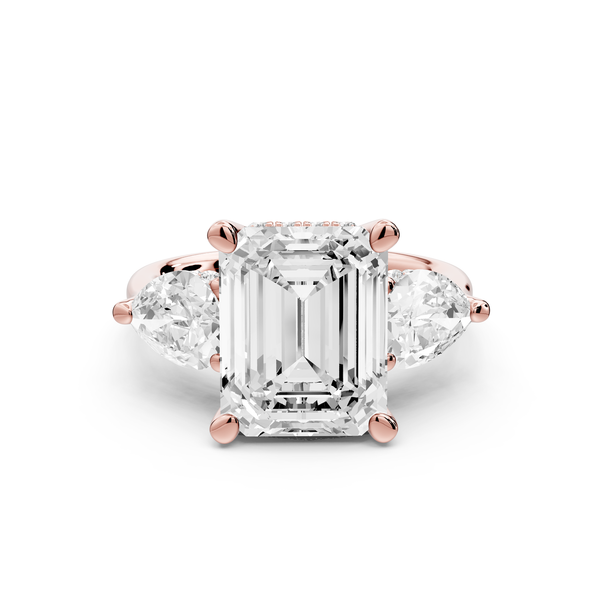 Stella - 4ct 14k rose gold Three Stone emerald with pears Hidden Halo Engagement Ring