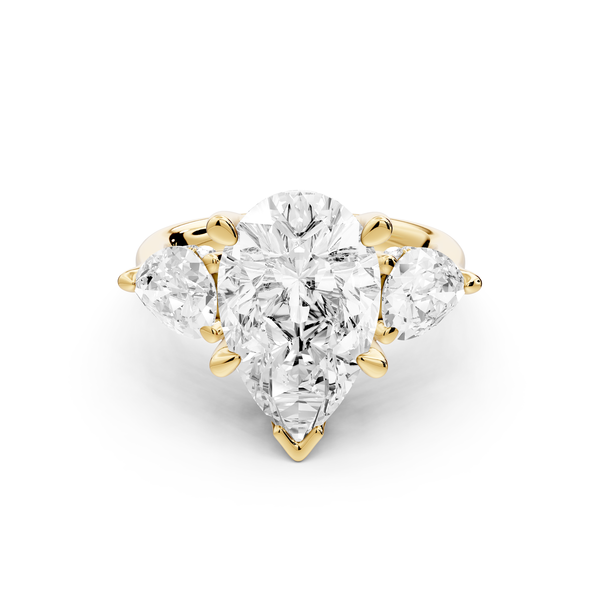 Stella - 4ct 14k yellow gold Three Stone pear with pears Hidden Halo Engagement Ring