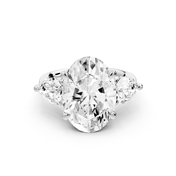 Stella - 5ct 14k white gold Three Stone oval with pears Hidden Halo Engagement Ring