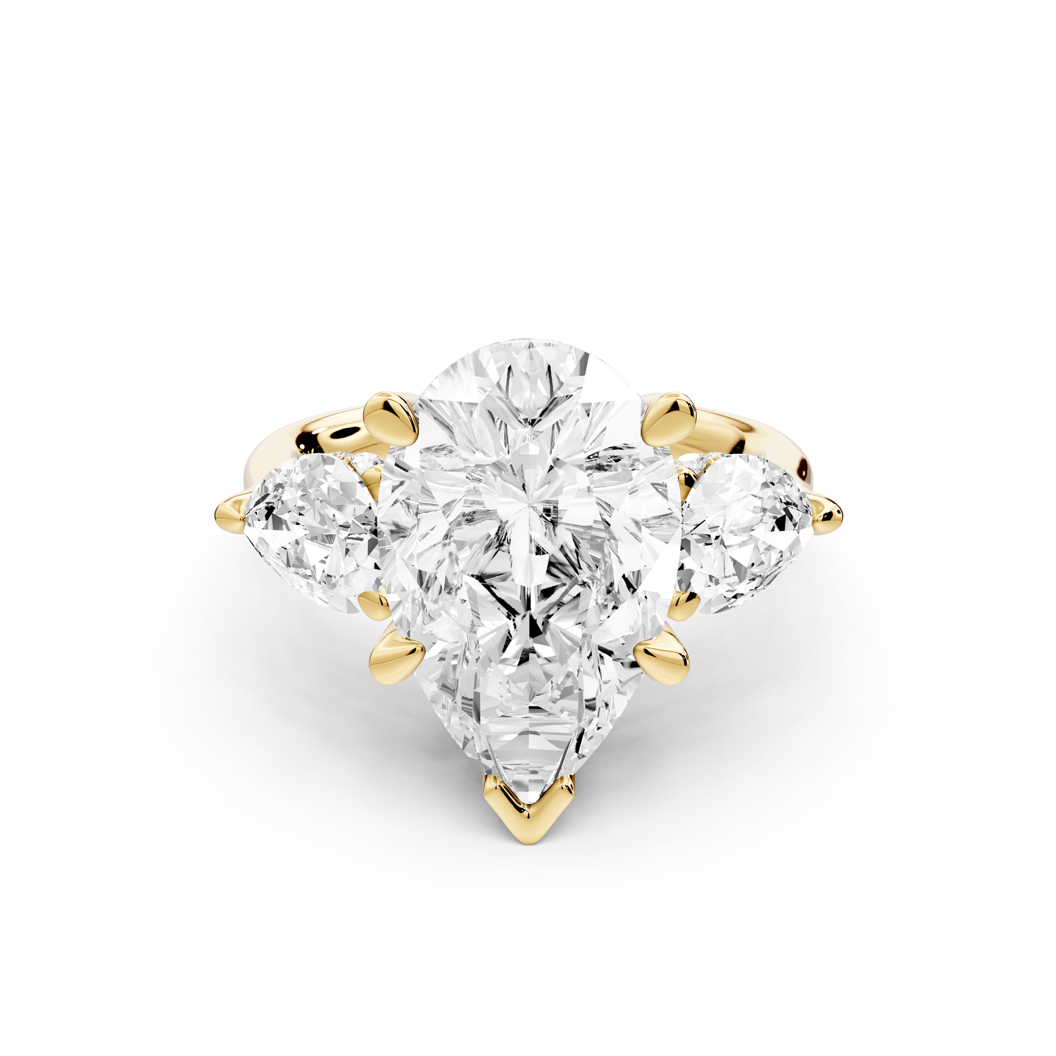 Stella - 5ct 14k yellow gold Three Stone pear with pears Hidden Halo Engagement Ring