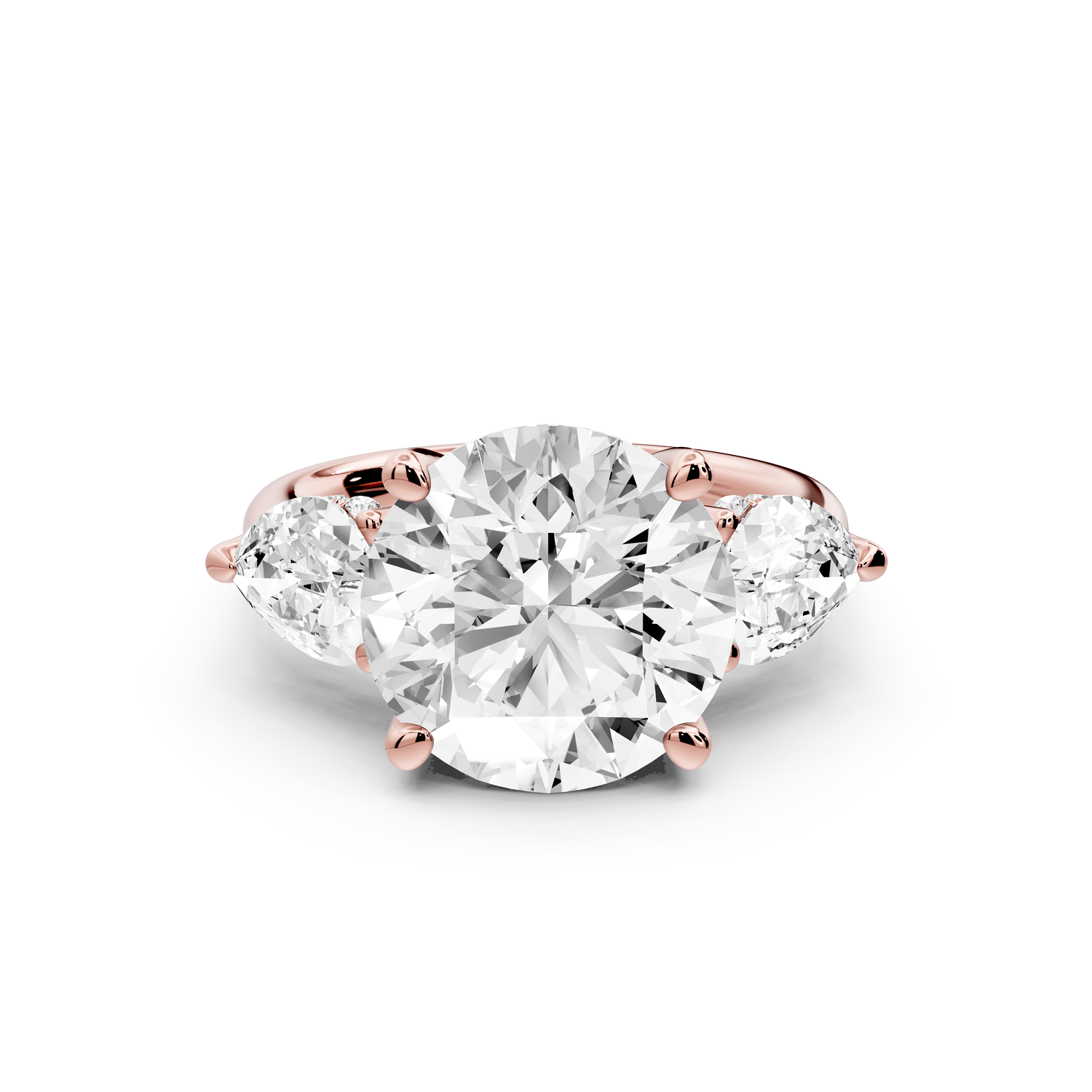 Stella - 5ct 14k rose gold Three Stone round with pears Hidden Halo Engagement Ring