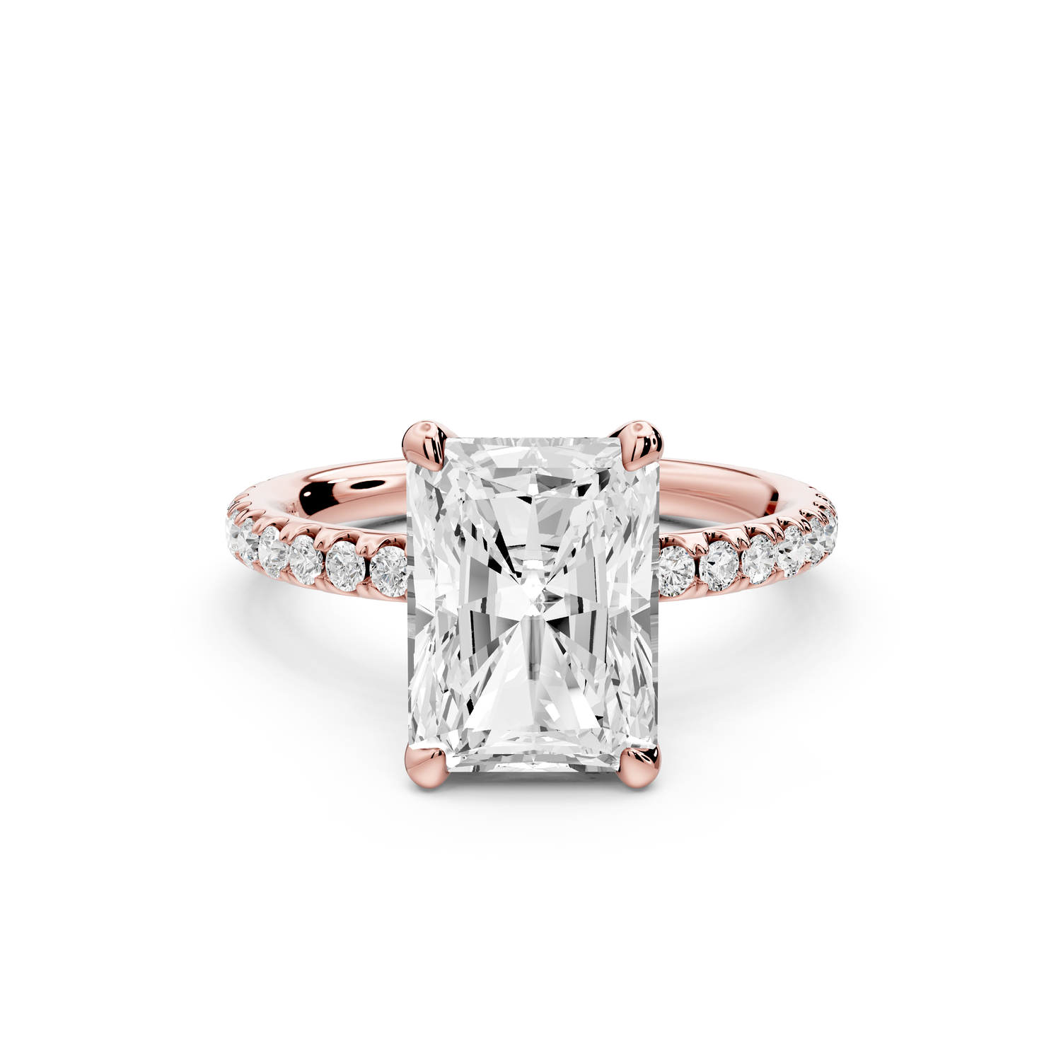 Elise - 3ct 14k rose gold radiant diamond 6-Talon Prong Diamond Crown with Pavé Engagement Ring