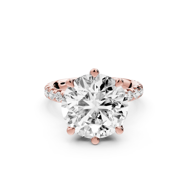 Elise - 5ct 14k rose gold round diamond 6-Talon Prong Diamond Crown with Pavé Engagement Ring