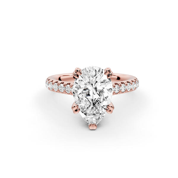 Isabella - 2ct 14k rose gold pear hidden halo diamond bridge cathedral Pavé Engagement ring