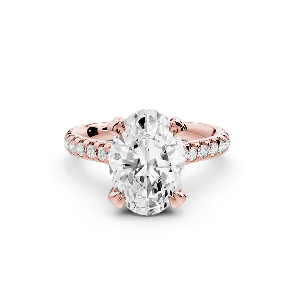 Isabella - 3ct 14k rose gold oval hidden halo diamond bridge cathedral Pavé Engagement ring