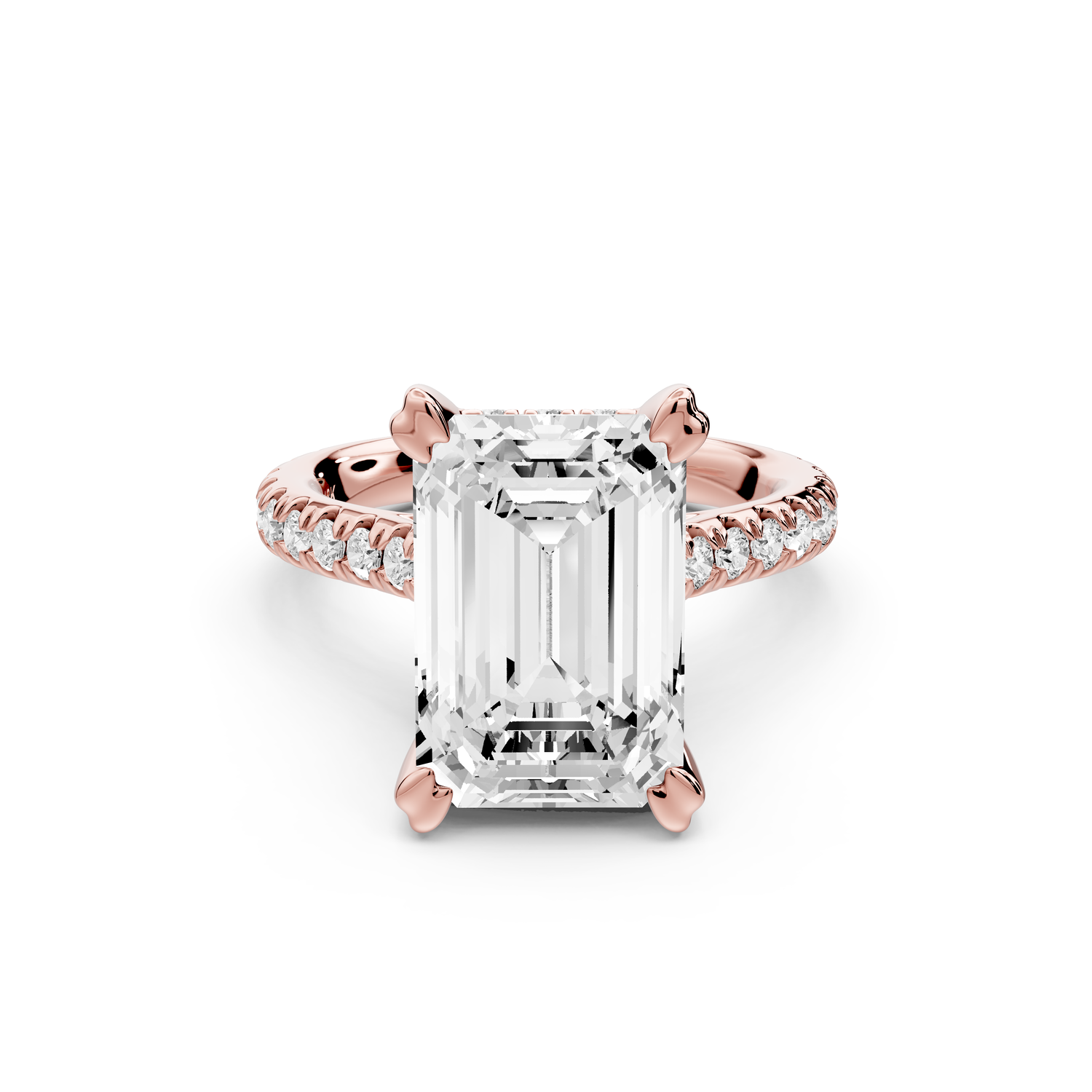 Isabella - 5ct 14k rose gold emerald hidden halo diamond bridge cathedral Pavé Engagement ring
