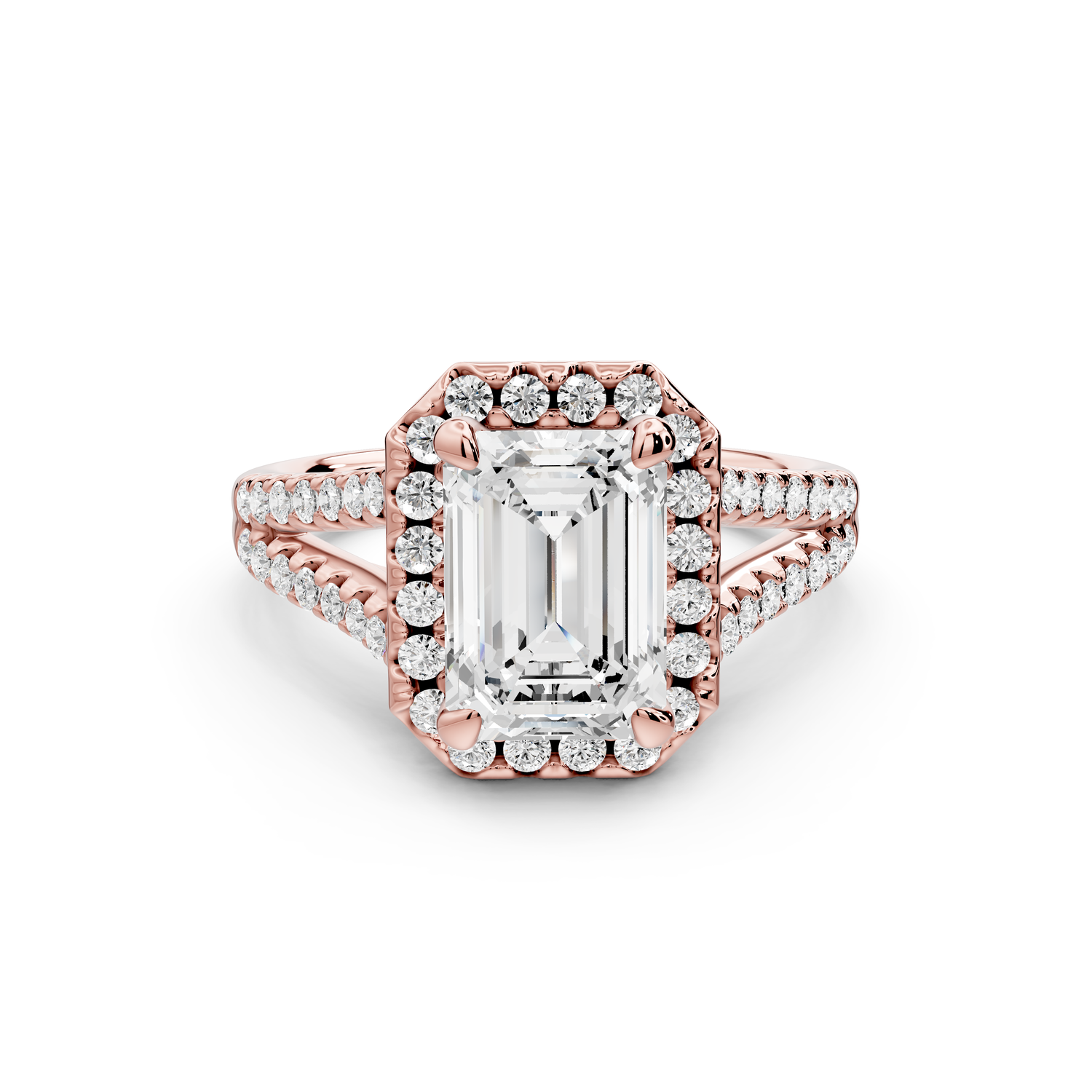 Gabrielle - 2ct 14k rose gold emerald Diamond Graduated Halo Pavé Split Shank Engagement Ring