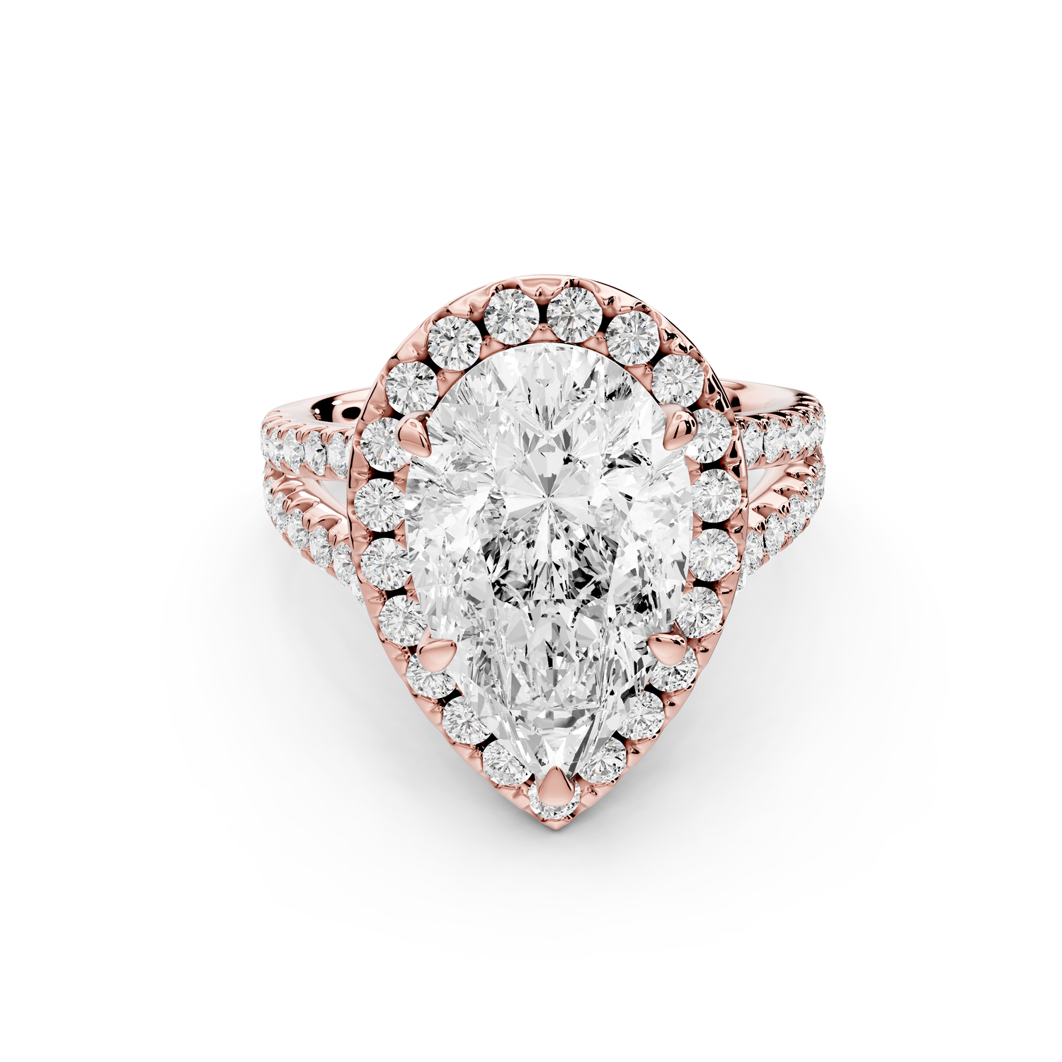 Gabrielle - 3ct 14k rose gold pear Diamond Graduated Halo Pavé Split Shank Engagement Ring