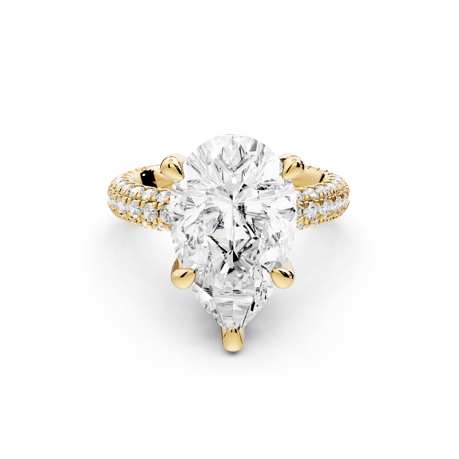 Emilia - 5ct 14k yellow gold pear Hidden Halo Diamond Crown Rollover Pavé Engagement Ring