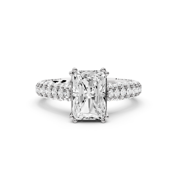 Clarissa - 2ct 14k white gold emerald Diamond double talon prongs with a diamond bridge rollover pave cathedral engagment ring