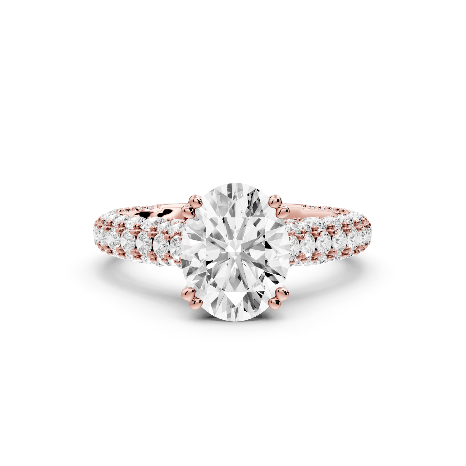 Clarissa - 2ct 14k rose gold oval Diamond double talon prongs with a diamond bridge rollover pave cathedral engagment ring