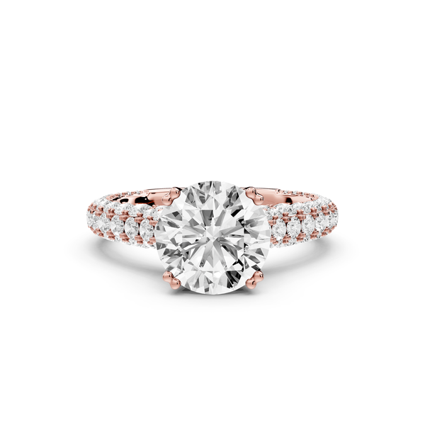 Clarissa - 2ct 14k rose gold round Diamond double talon prongs with a diamond bridge rollover pave cathedral engagment ring