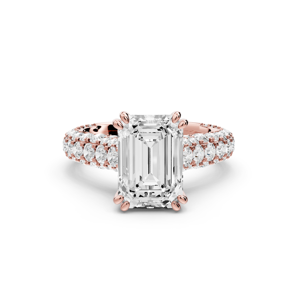 Clarissa - 3ct 14k rose gold emerald Diamond double talon prongs with a diamond bridge rollover pave cathedral engagment ring