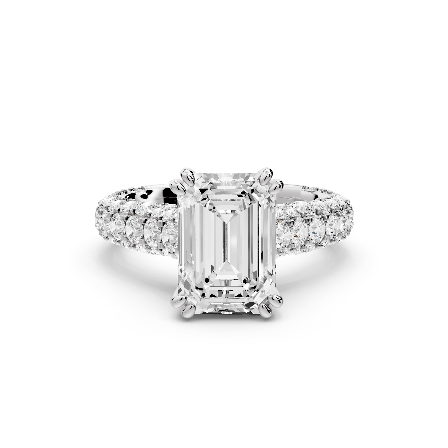Clarissa - 3ct 14k white gold emerald Diamond double talon prongs with a diamond bridge rollover pave cathedral engagment ring
