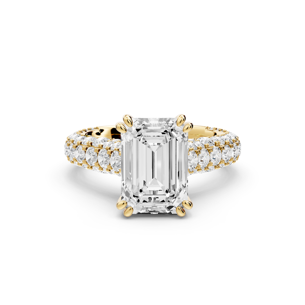 Clarissa - 3ct 14k yellow gold emerald Diamond double talon prongs with a diamond bridge rollover pave cathedral engagment ring
