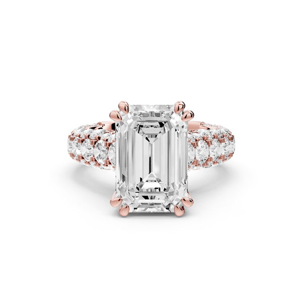 Clarissa - 4ct 14k rose gold emerald Diamond double talon prongs with a diamond bridge rollover pave cathedral engagment ring