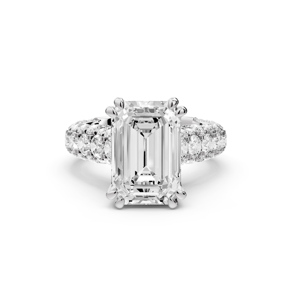 Clarissa - 4ct 14k white gold emerald Diamond double talon prongs with a diamond bridge rollover pave cathedral engagment ring