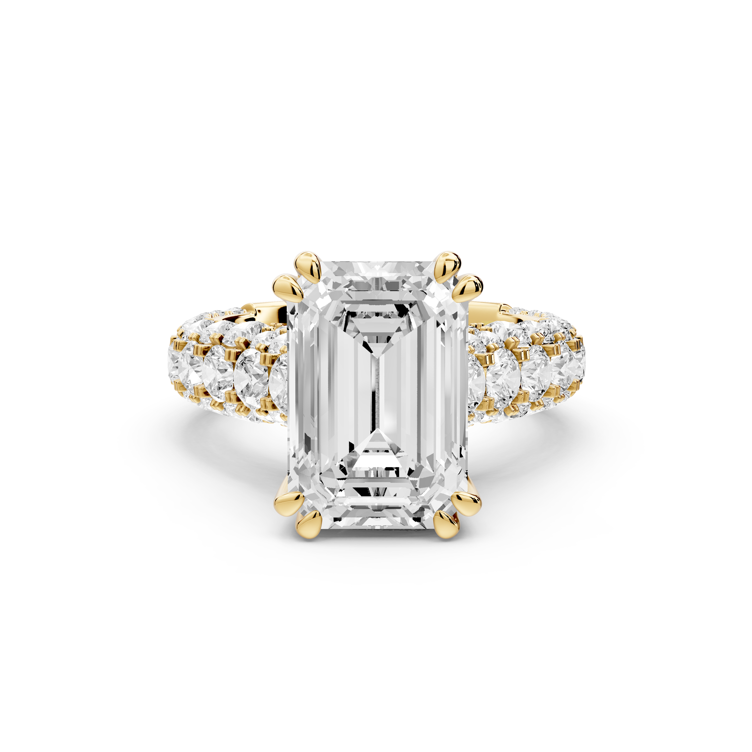 Clarissa - 4ct 14k yellow gold emerald Diamond double talon prongs with a diamond bridge rollover pave cathedral engagment ring