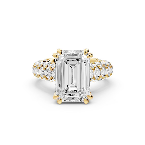 Clarissa - 4ct 14k yellow gold emerald Diamond double talon prongs with a diamond bridge rollover pave cathedral engagment ring