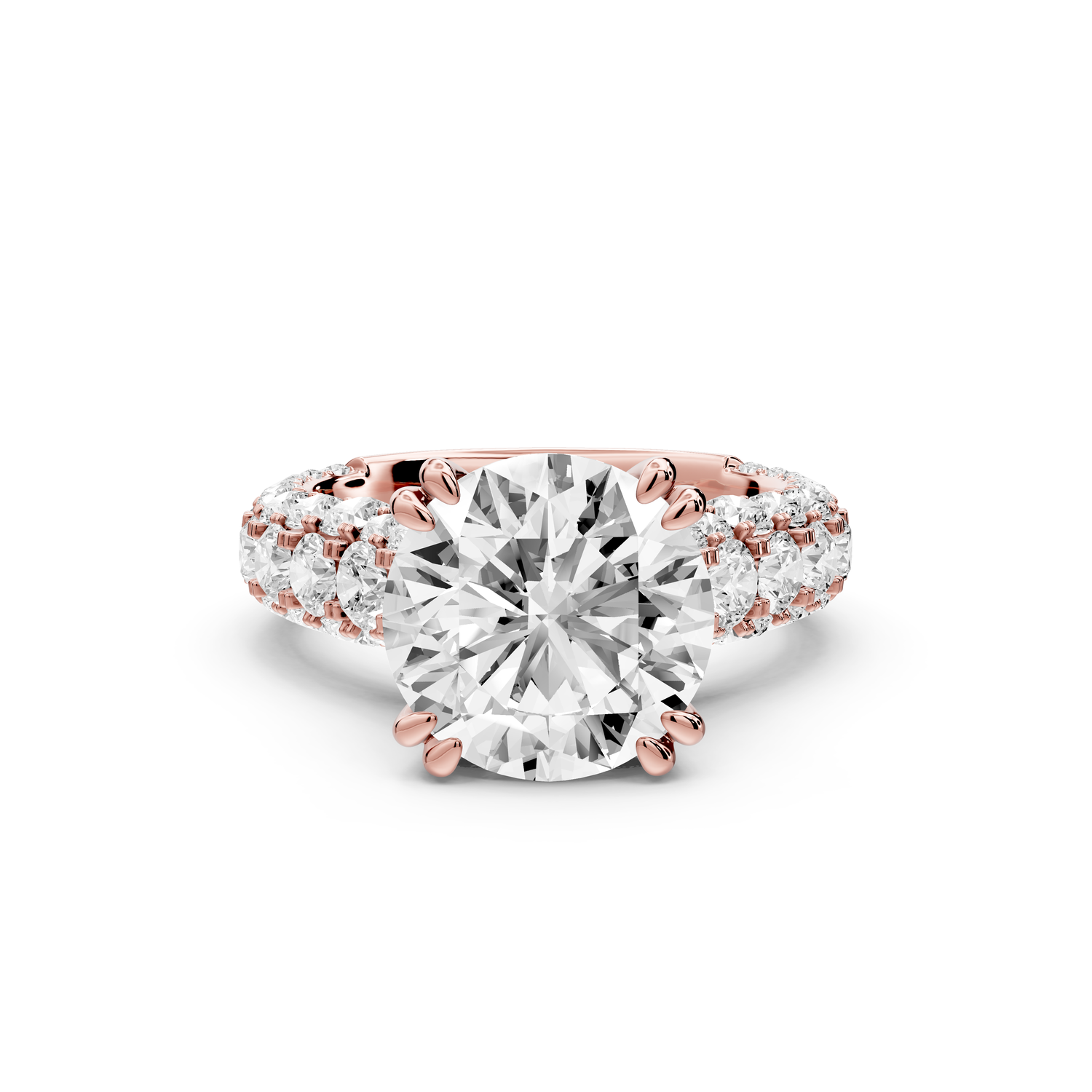 Clarissa - 4ct 14k rose gold round Diamond double talon prongs with a diamond bridge rollover pave cathedral engagment ring