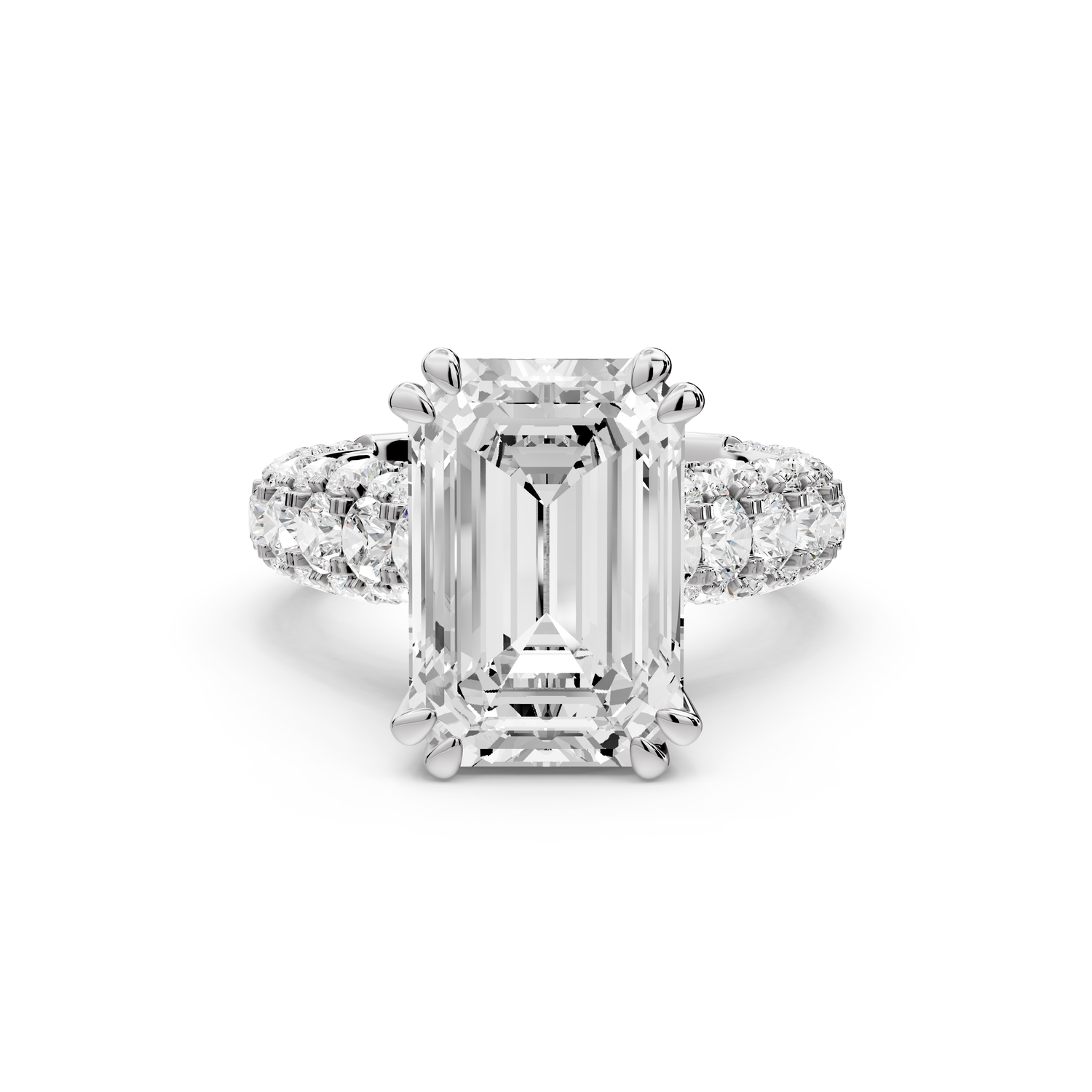 Clarissa - 5ct 14k white gold emerald Diamond double talon prongs with a diamond bridge rollover pave cathedral engagment ring