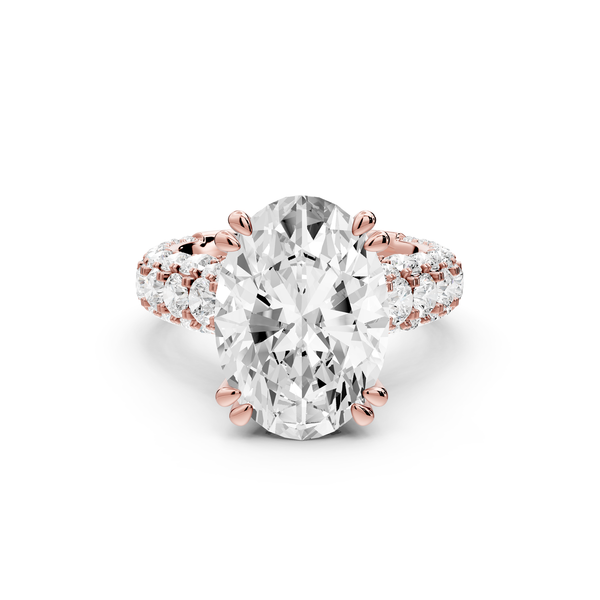 Clarissa - 5ct 14k rose gold oval Diamond double talon prongs with a diamond bridge rollover pave cathedral engagment ring